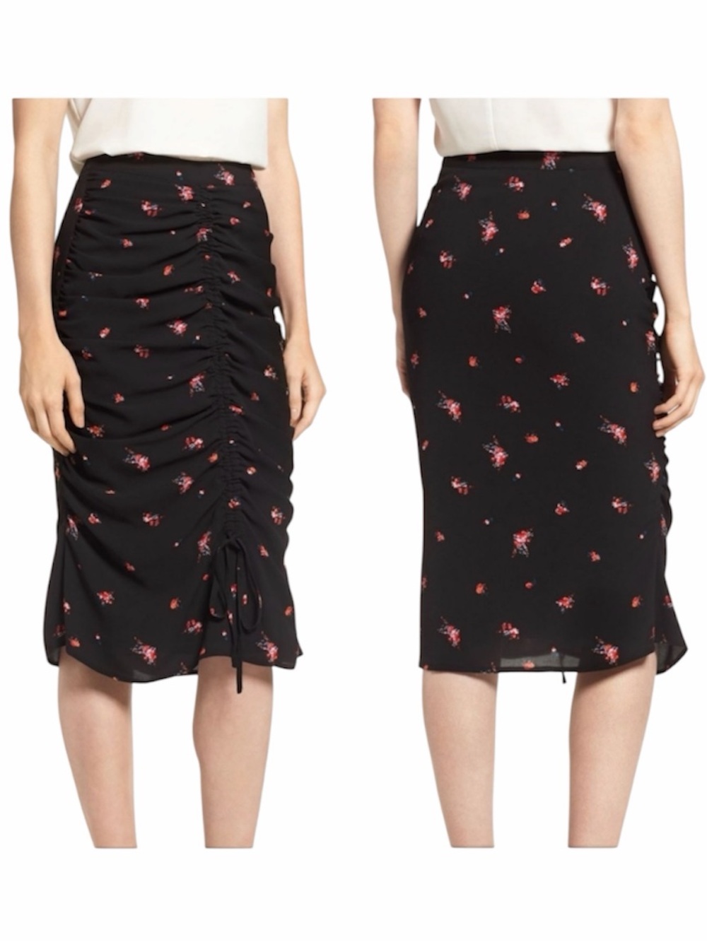 Chelsea 28 Y2K 90s Black Floral Ruched Midi Knee Length Skirt - Women's S
